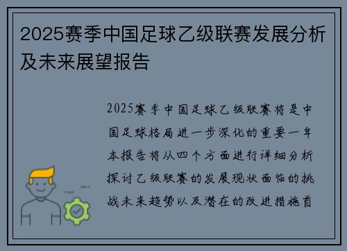 2025赛季中国足球乙级联赛发展分析及未来展望报告