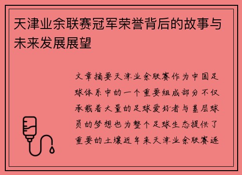 天津业余联赛冠军荣誉背后的故事与未来发展展望