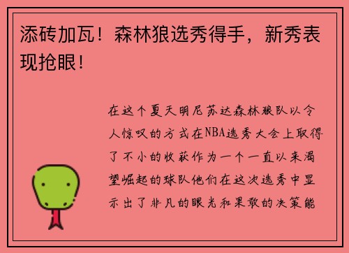 添砖加瓦！森林狼选秀得手，新秀表现抢眼！